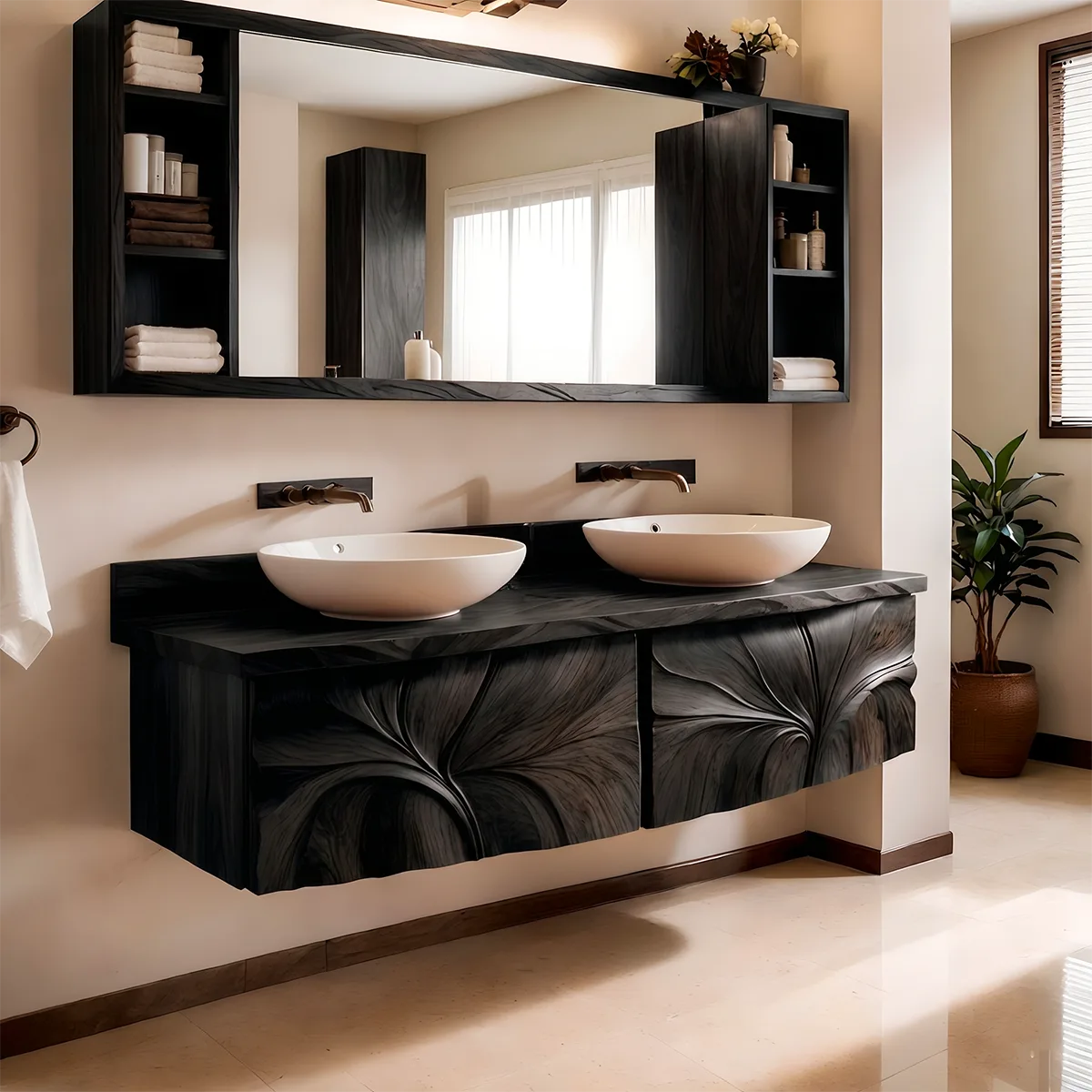 Modern Floating Bathroom Vanity with Sculptural Floral Carved Doors HG021-1209