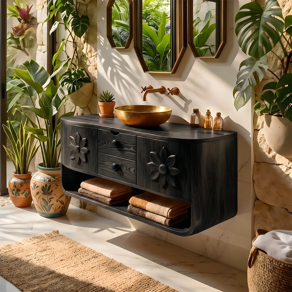 Floating Solid Wood Bathroom Vanity | Floral Carved Wall Mounted Vanity Cabinet with Open Shelf HG021-1071