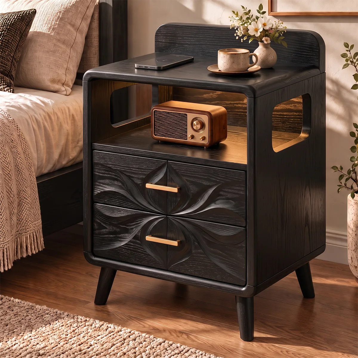 Sculptural Floral 2-Drawer Nightstand with Open Shelf | Carved Modern Bedside Table HG021-5NTU5QO