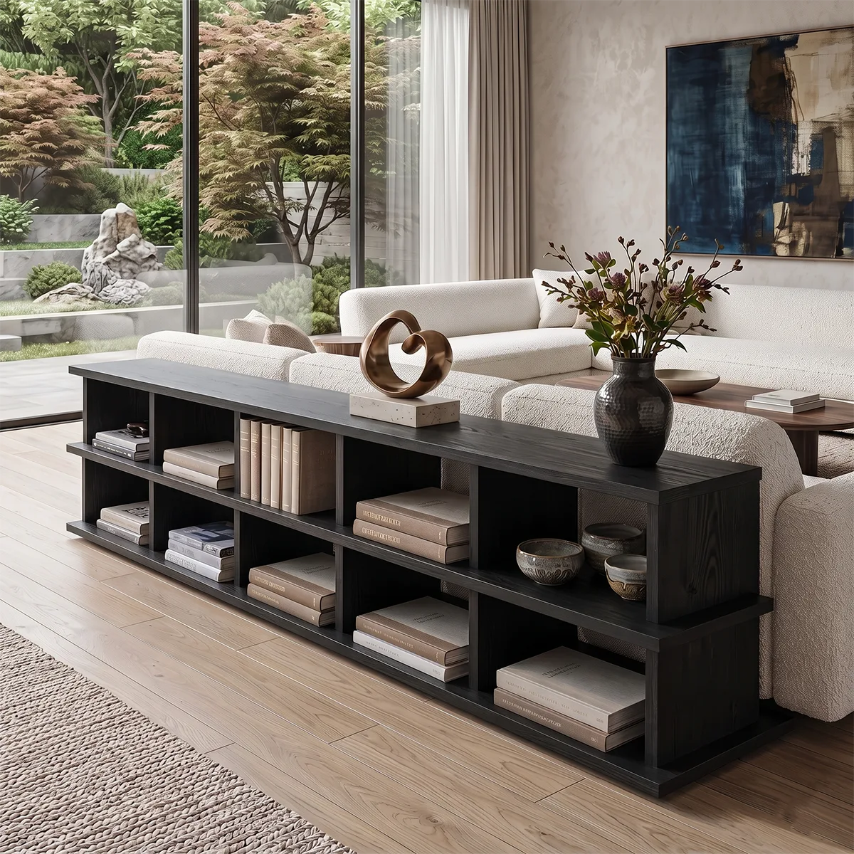 Low Profile Open Bookshelf | Long Modern Bookcase with Multi-Cubby Storage HG021-7BZB7HG