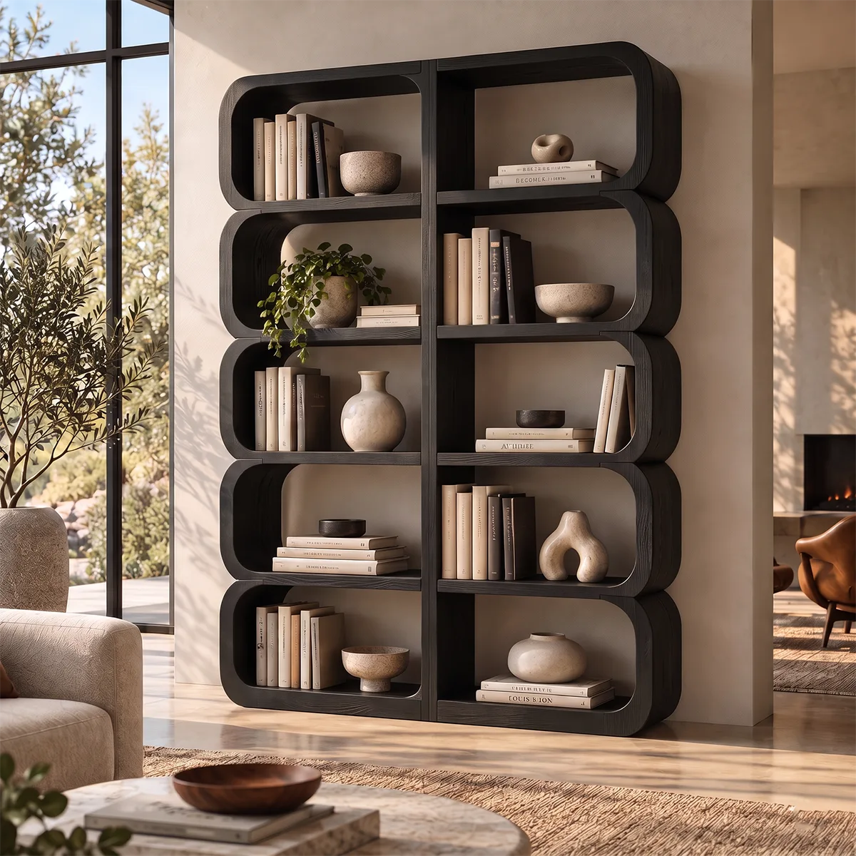 Tall Rounded Open Bookcase | 10-Cubby Modern Bookshelf with Sculptural Curved Frame HG021-4YOT6AX