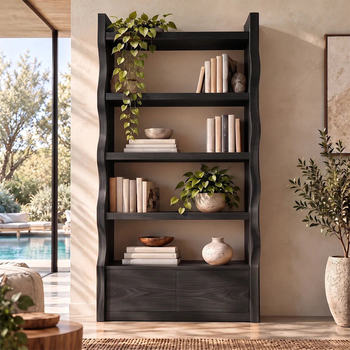Modern Tall Freestanding Bookshelf | 4-Tier Open Bookcase with 2 Hidden Storage Cabinets HG021-7EAN9UP