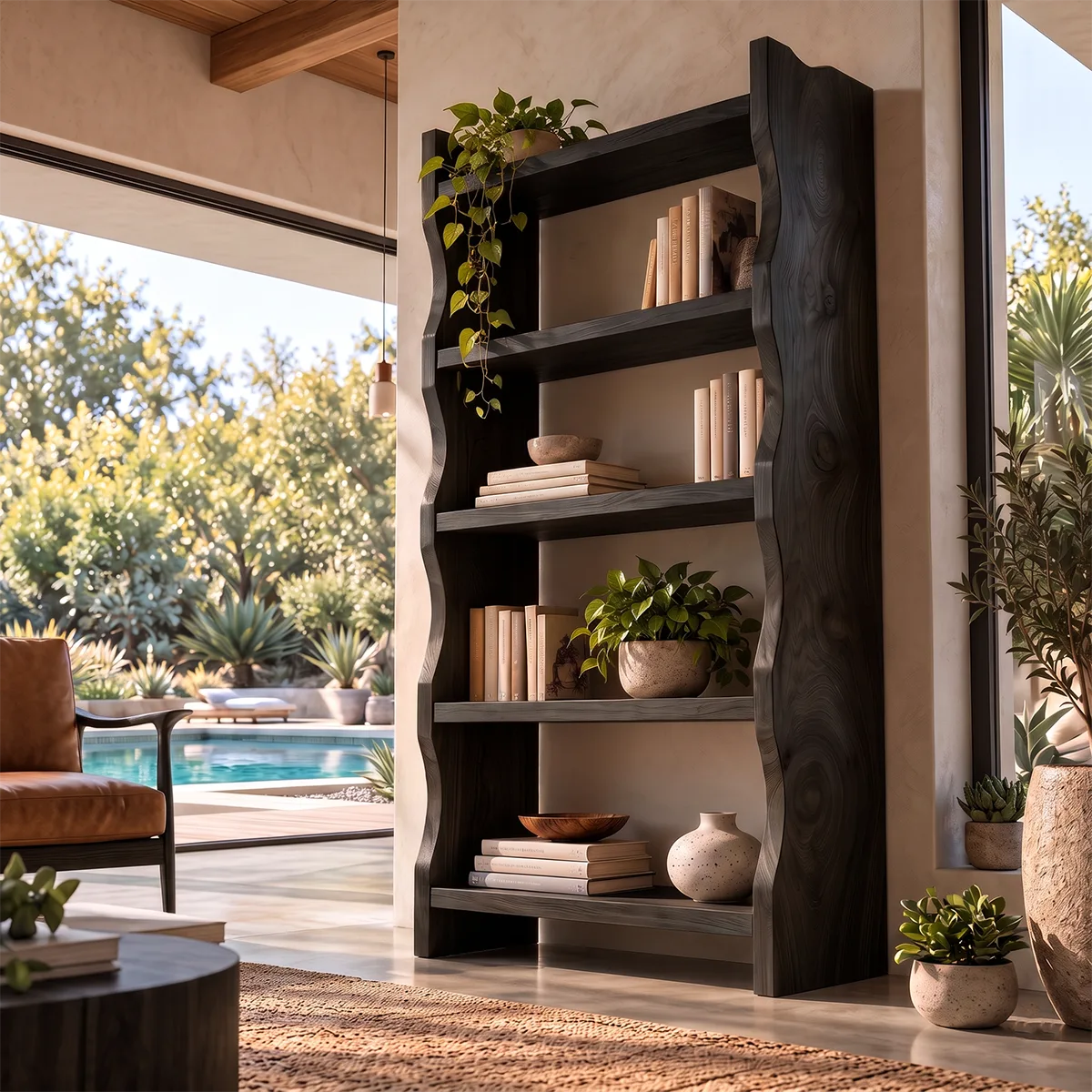 Wavy Edge Tall Bookshelf | Organic Modern Open Bookcase with Sculptural Side Panels HG021-6BUJ7AP