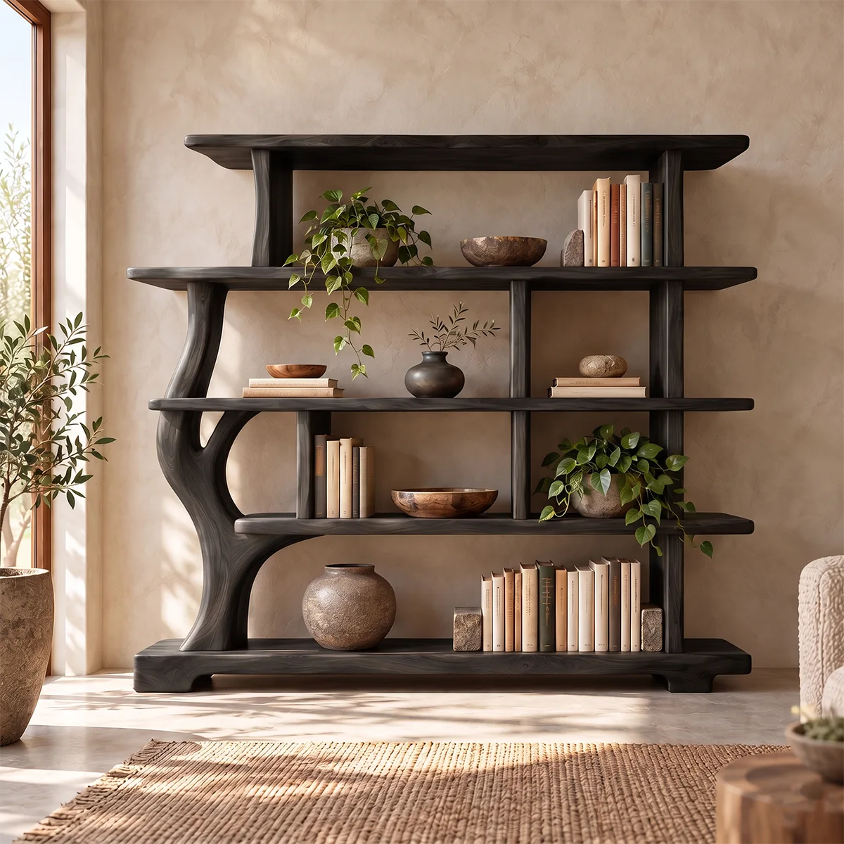 Tree-Inspired Sculptural Bookshelf | Organic Modern Open Bookcase with Asymmetrical Shelves HG021-5HPG6UX