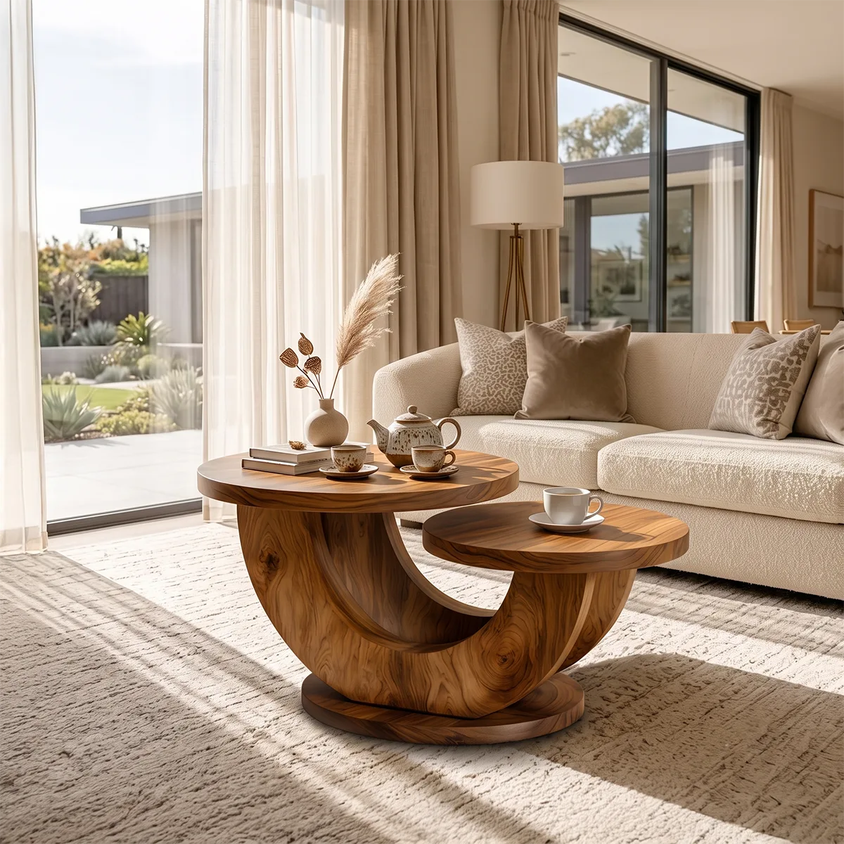 Sculptural Two-Tier Round Coffee Table with Curved Base | Organic Modern Living Room Table TH003-3SBR5VG