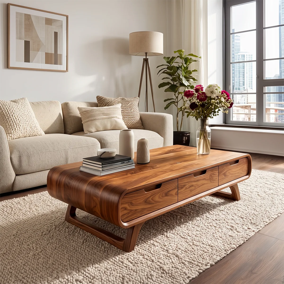 Modern Rounded Coffee Table with 3 Drawers | Mid Century Living Room Storage Table TH003-6LLU2ZO