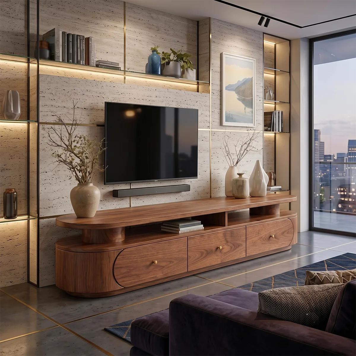 Modern TV Stand with 3 Drawers & Open Shelf | Curved Media Console TH003-1IBC4JQ
