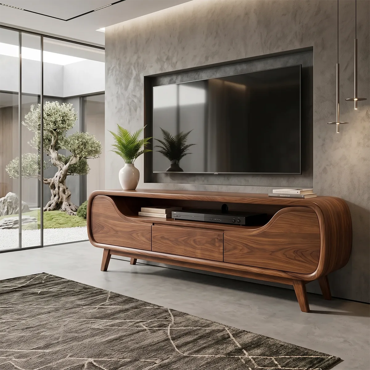 Modern Curved TV Stand with Drawer & Open Media Shelf | Sculptural Low Profile Console TH003-2WQM9UQ