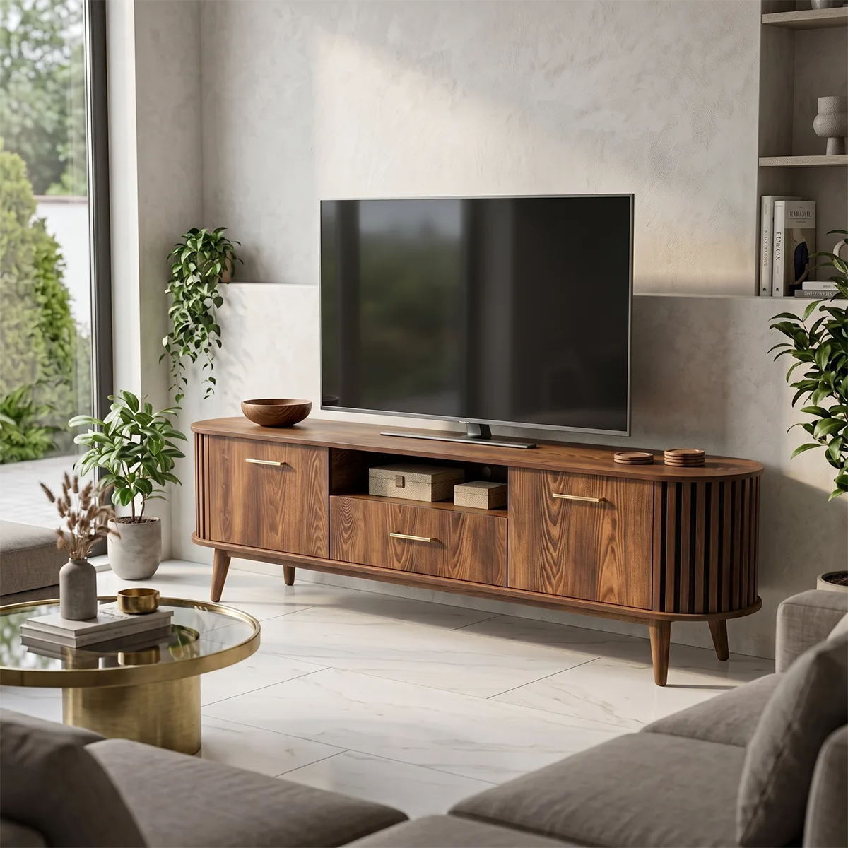 Mid-Century Modern TV Stand with 2 Cabinets & Drawer | Fluted Media Console TH003-4CGT3CA