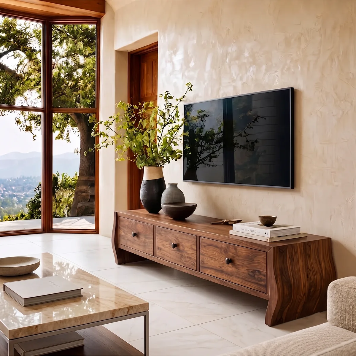 Modern TV Stand with 3 Drawers & Sculptural Curved Legs | Minimalist Media Console TH003-2IWI9LN