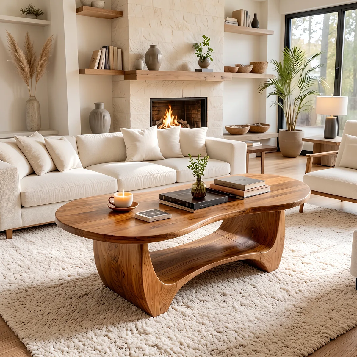 Sculptural Rounded Coffee Table with Open Shelf | Organic Modern Center Table TH003-1FNF7SN