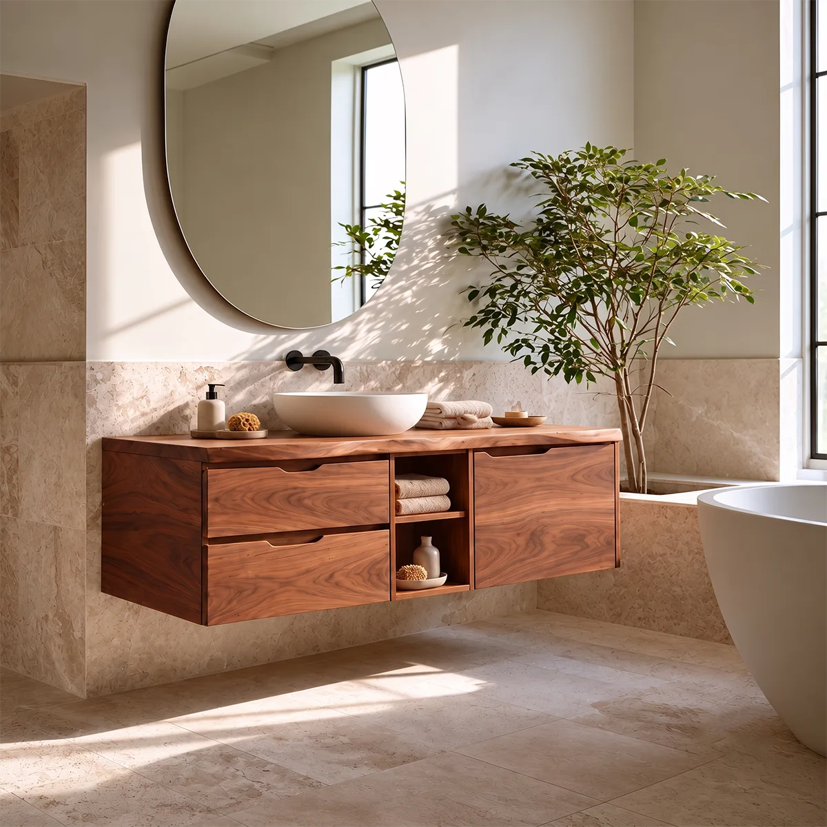 Modern Floating Bathroom Vanity | Wall Mounted Storage Cabinet with Drawers and Open Shelving TH003-5PPH1AS
