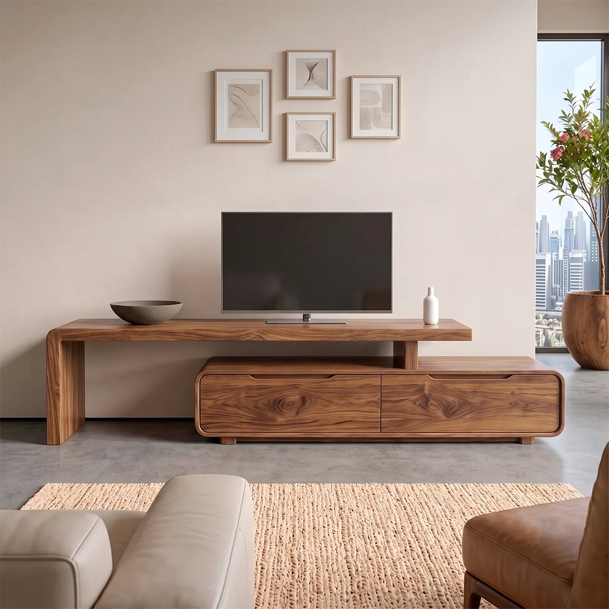 Modern Asymmetrical TV Stand with 2 Drawers | Low Profile Media Console TH003-9QJE5UT