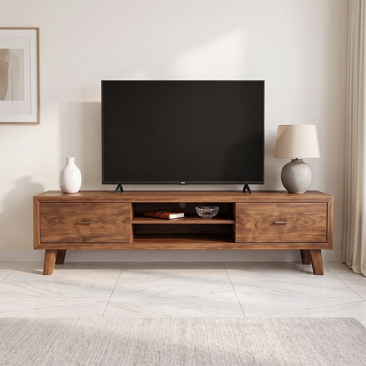 Modern TV Stand with 2 Drawers & Open Shelf | Low Profile Media Console TH003-6TLG4RN