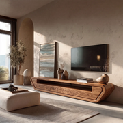 Modern Curved TV Stand with 2 Drawers & Open Media Shelf | Low Profile Entertainment Console TH003-4LAL5FE