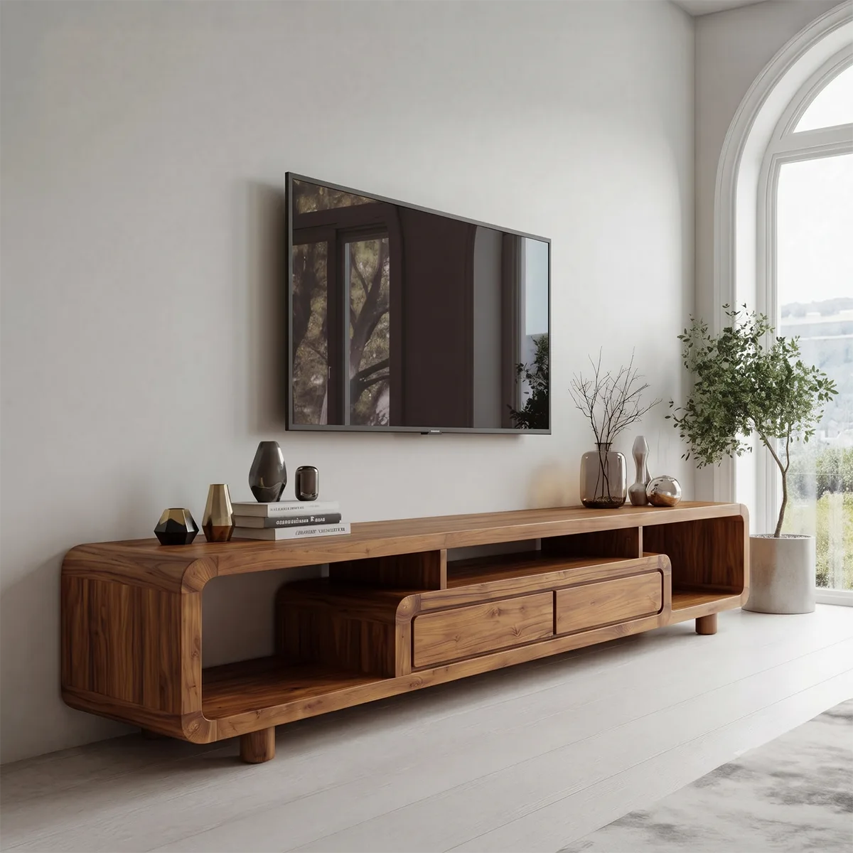 Modern Curved TV Stand with Open Shelves & 2 Drawers | Low Profile Entertainment Console TH003-5MRZ4FZ