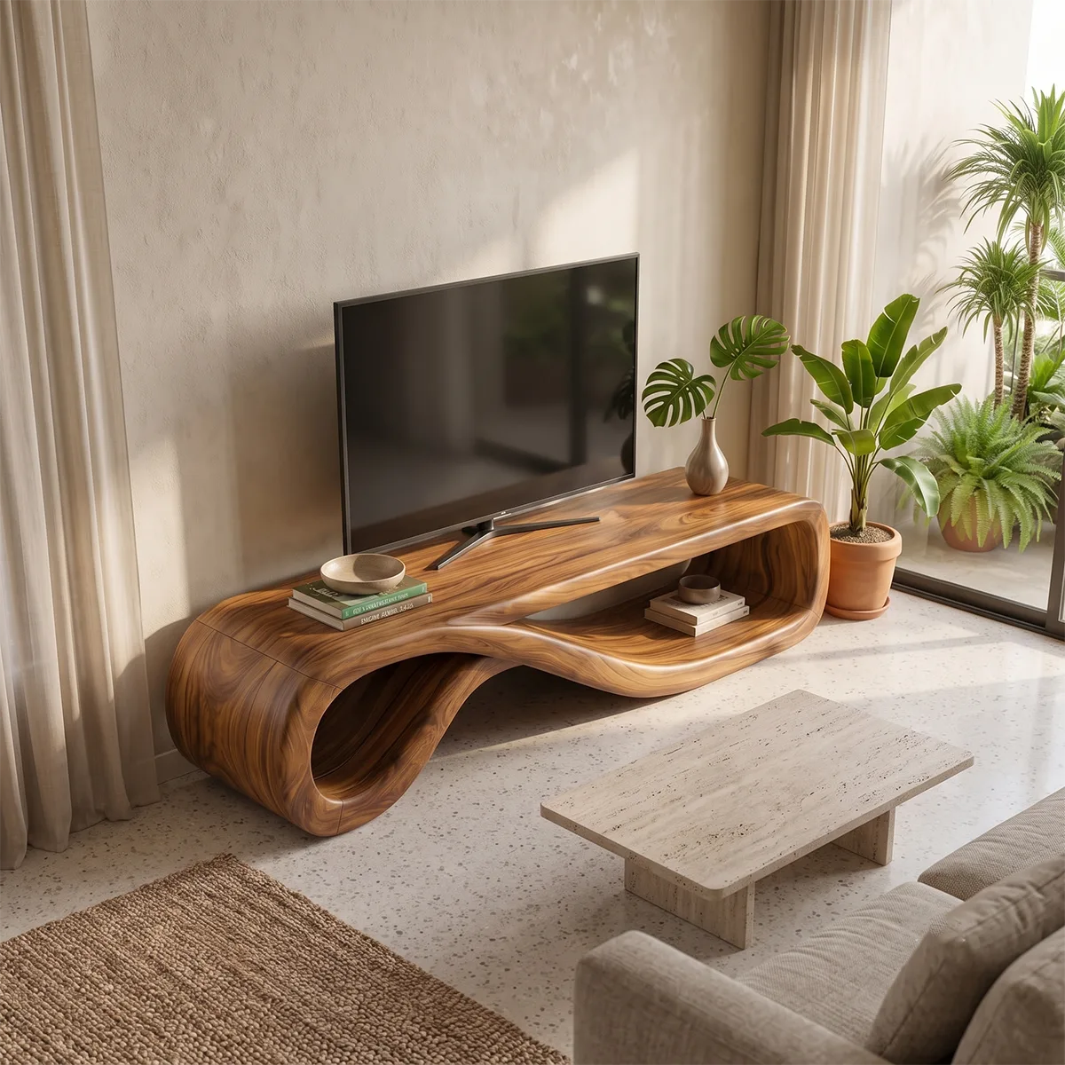 Sculptural Curved TV Stand with Open Storage | Modern Low Profile Entertainment Console TH003-7MDL5CO
