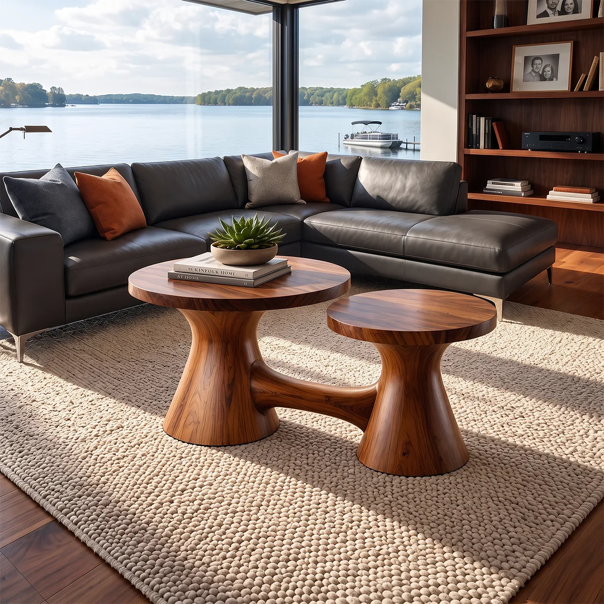 Two-Tier Round Coffee Table with Dual Pedestal Base | Sculptural Modern Living Room Table TH003-5PHH3EC