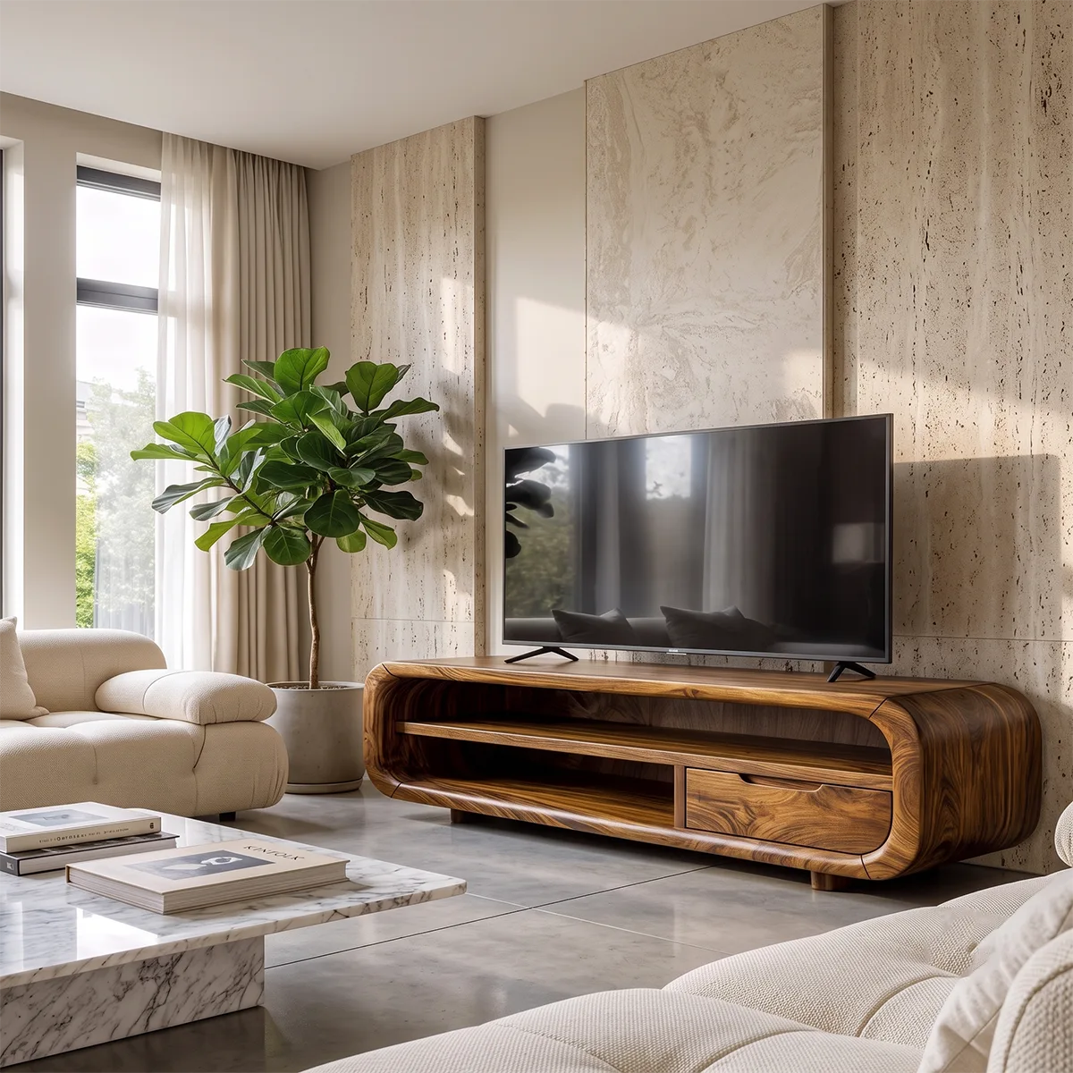 Modern Curved TV Stand with Open Shelves and Drawer | Low Profile Entertainment Console TH003-7VIY6HF