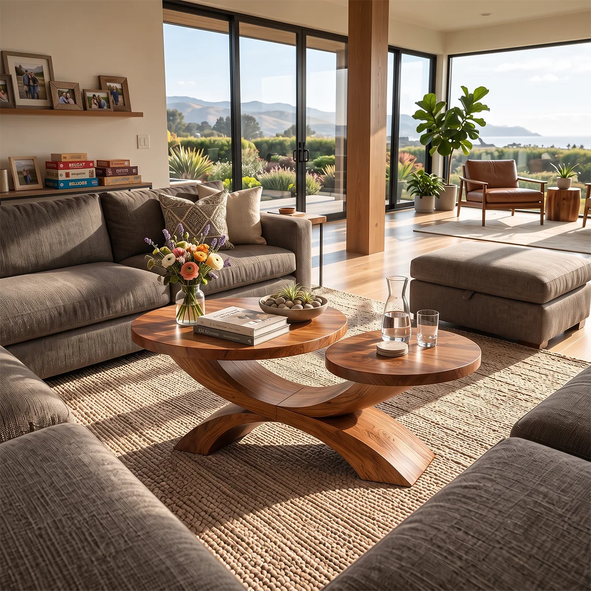Two-Tier Round Coffee Table with Sculptural Crossed Base | Modern Living Room Center Table TH003-1RTB8PD