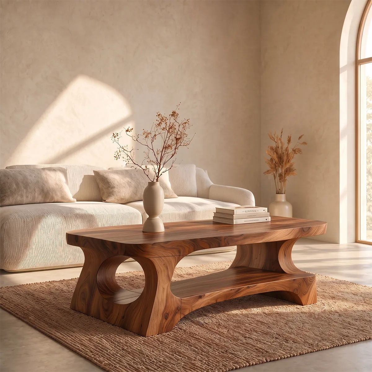 Organic Rectangular Coffee Table with Open Shelf and Sculptural Arch Base TH003-6JFK9PR