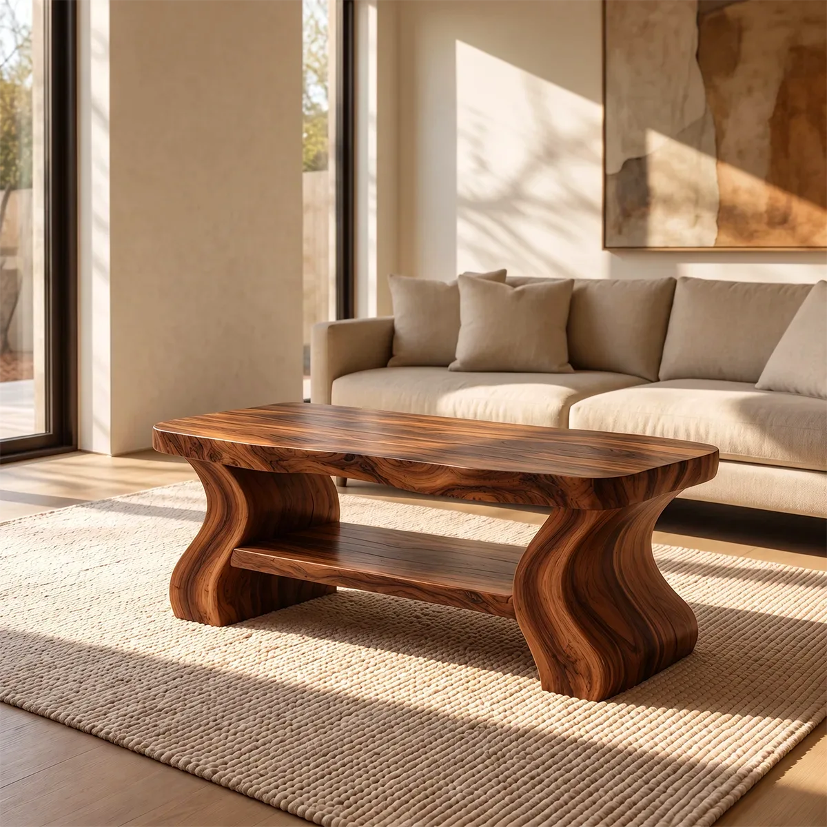Sculptural Coffee Table with Open Lower Shelf and Curved Legs | Modern Living Room Table TH003-8YWG9UB