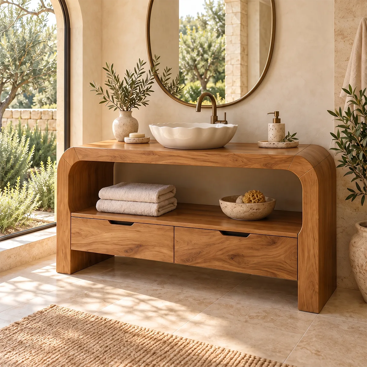 Curved Waterfall Bathroom Vanity | 2-Drawer Vanity with Large Open Storage Shelf TH003-4TMA9VP