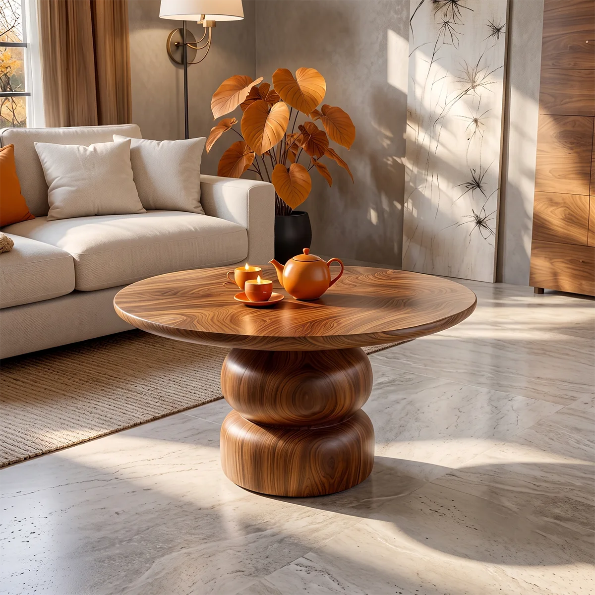 Sculptural Round Coffee Table with Stacked Pedestal Base | Organic Modern Center Table TH003-2ZWS1NI