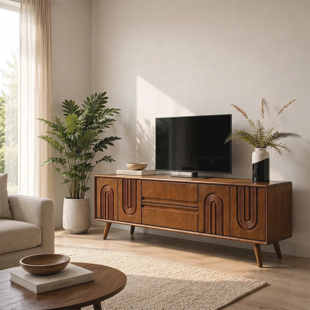 Fluted Arch Wood TV Stand with Drawers & Cabinets | Mid-Century Media Console HG021-6ZXL7DZ