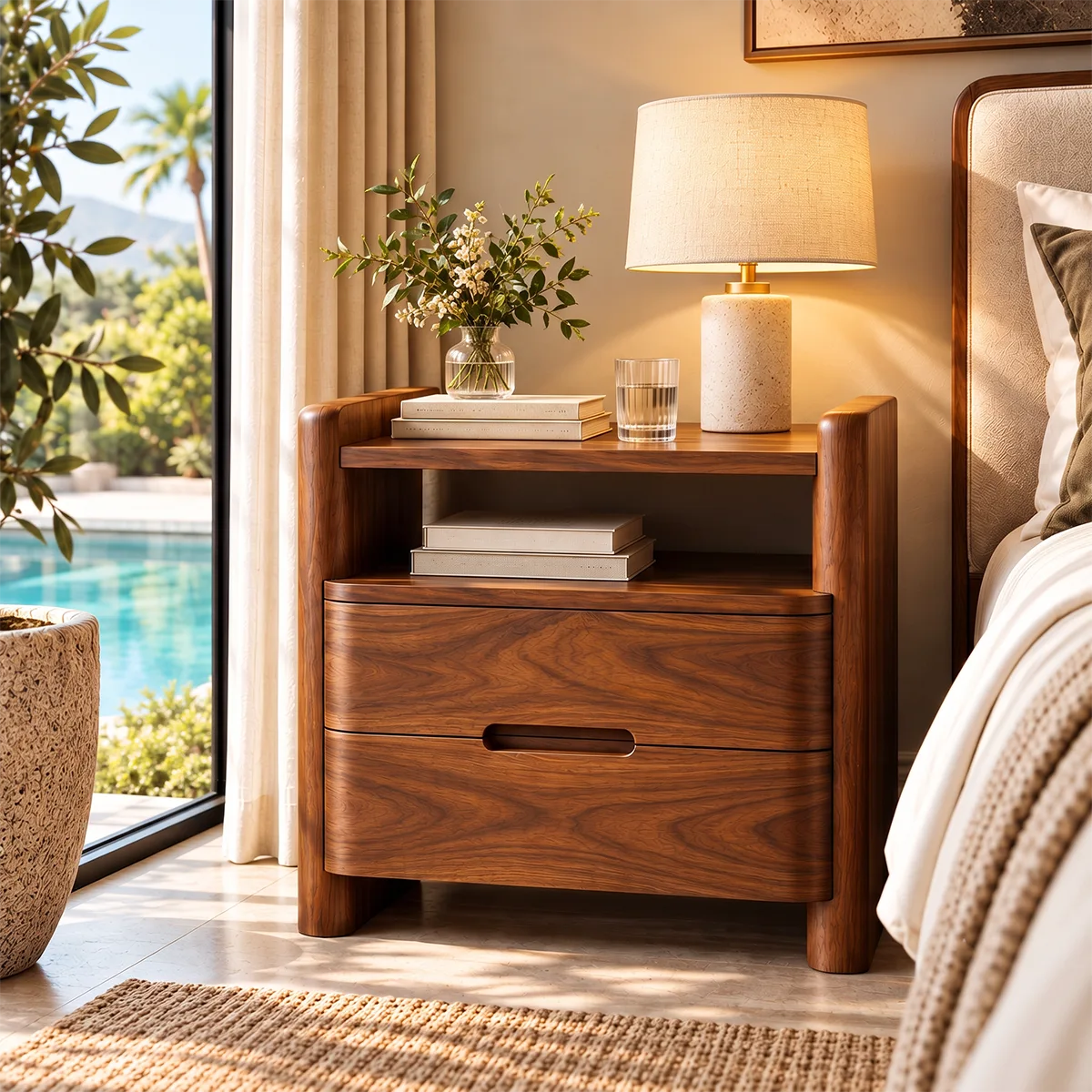 Modern 2-Drawer Nightstand with Open Shelf | Rounded Bedside Table with Recessed Handles HG021-8JCL2CB