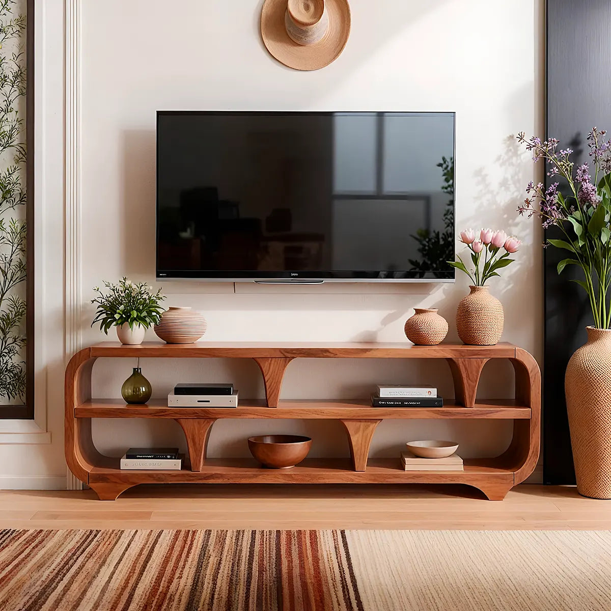 Modern Open Shelf TV Stand with Sculptural Curved Design | Organic Media Console TT006-6RPU8SU