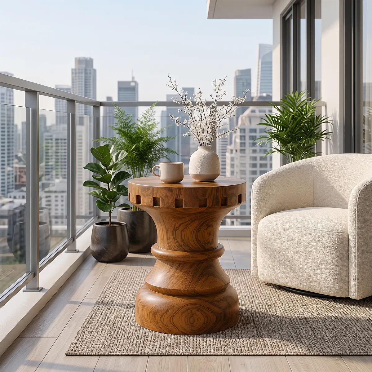 Sculptural Square Notch Wood End Table | Round Turned Pedestal Side Table TT006-7CML8BQ