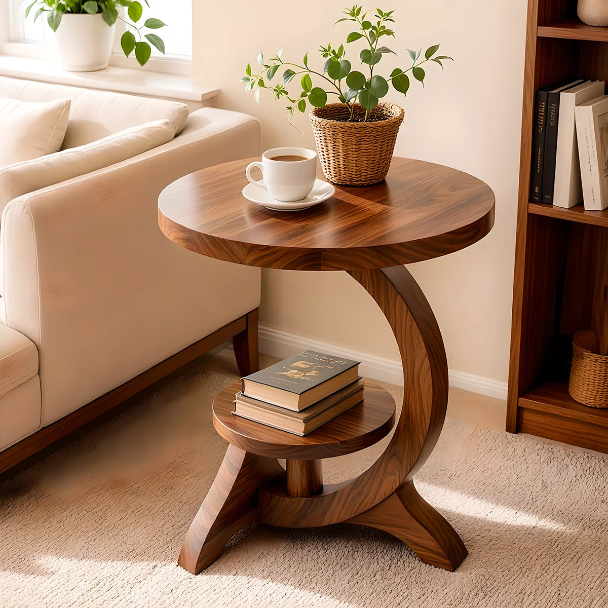 Modern Round End Table with Display Shelf | Sculptural Accent Side Table for Living Room HG021-6ZBM8JM