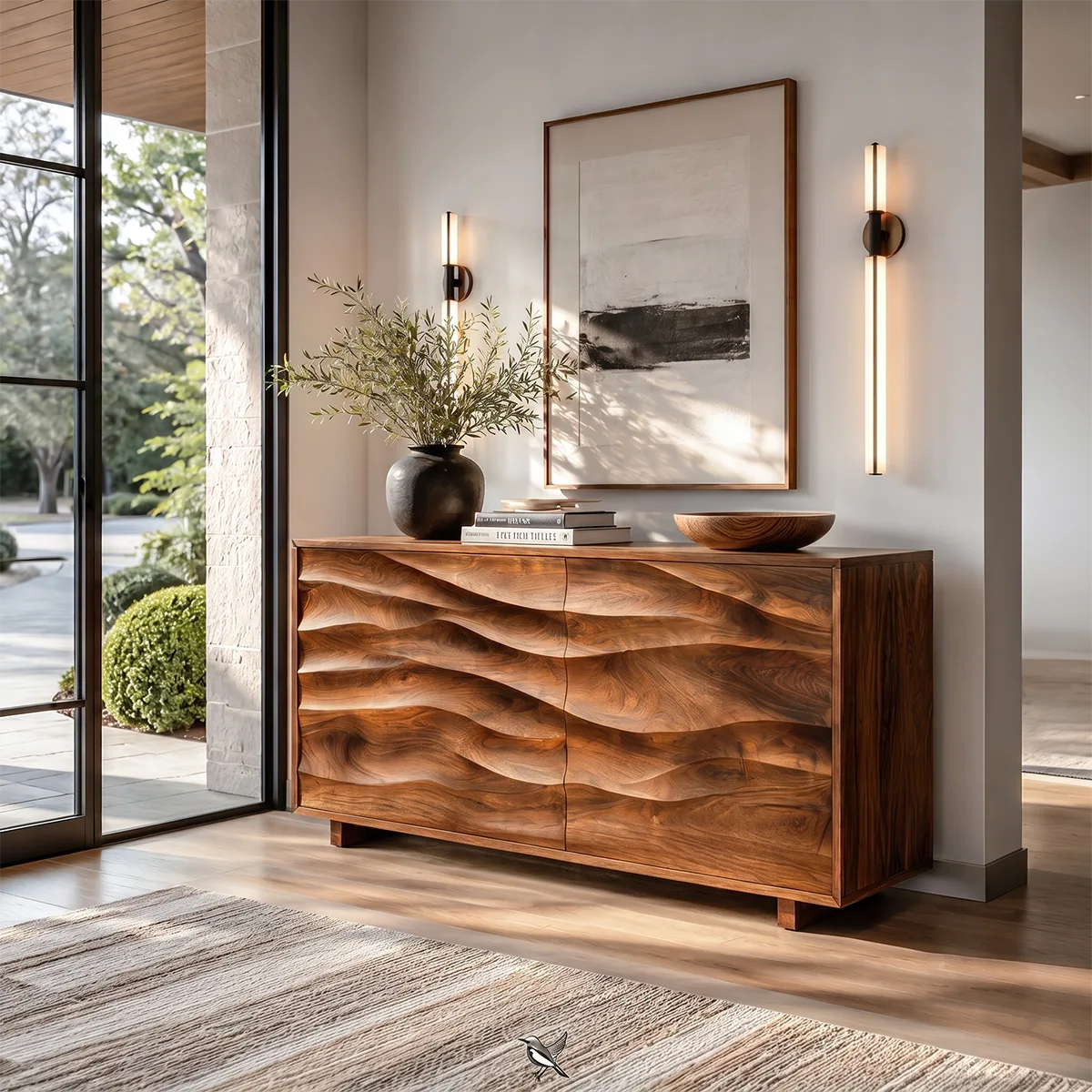 Sculptural Wave Sideboard with Concealed Storage | Modern Carved Front Storage Cabinet HG021-9GTL1HD