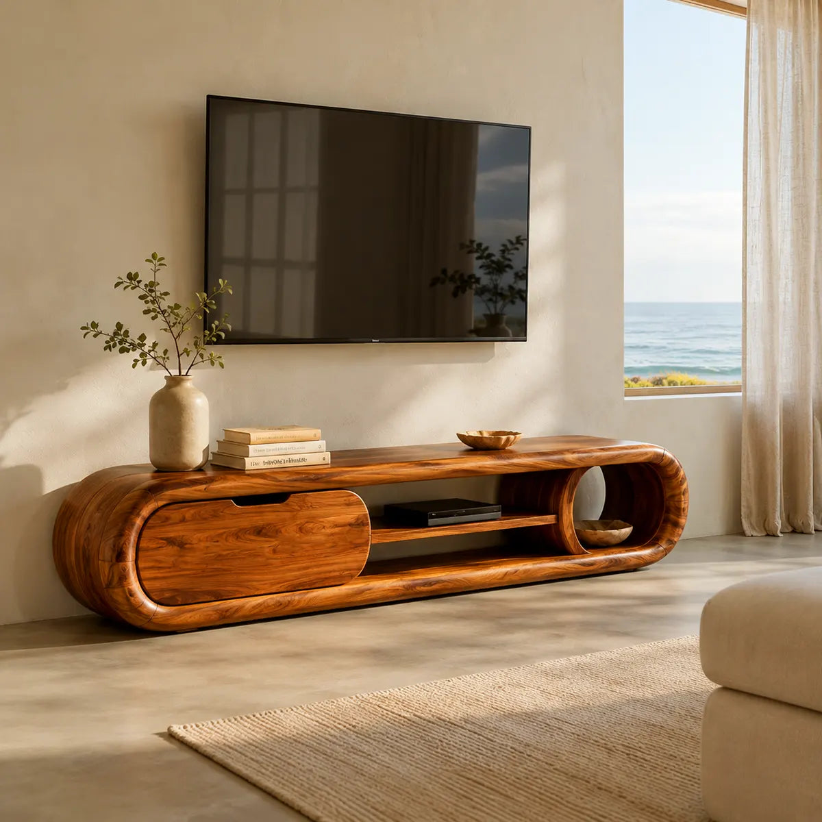 Modern Curved TV Stand with Enclosed Storage & 3 Open Compartments TT006-6RBE5GQ