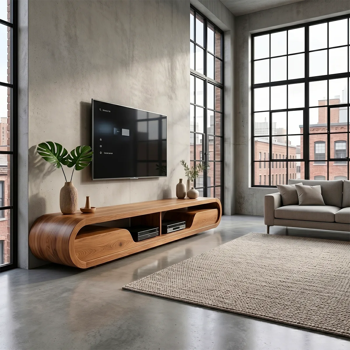 Modern Curved TV Stand with 2 Open Media Compartments | Sculptural Low Profile Console TT006-4KOT9JE