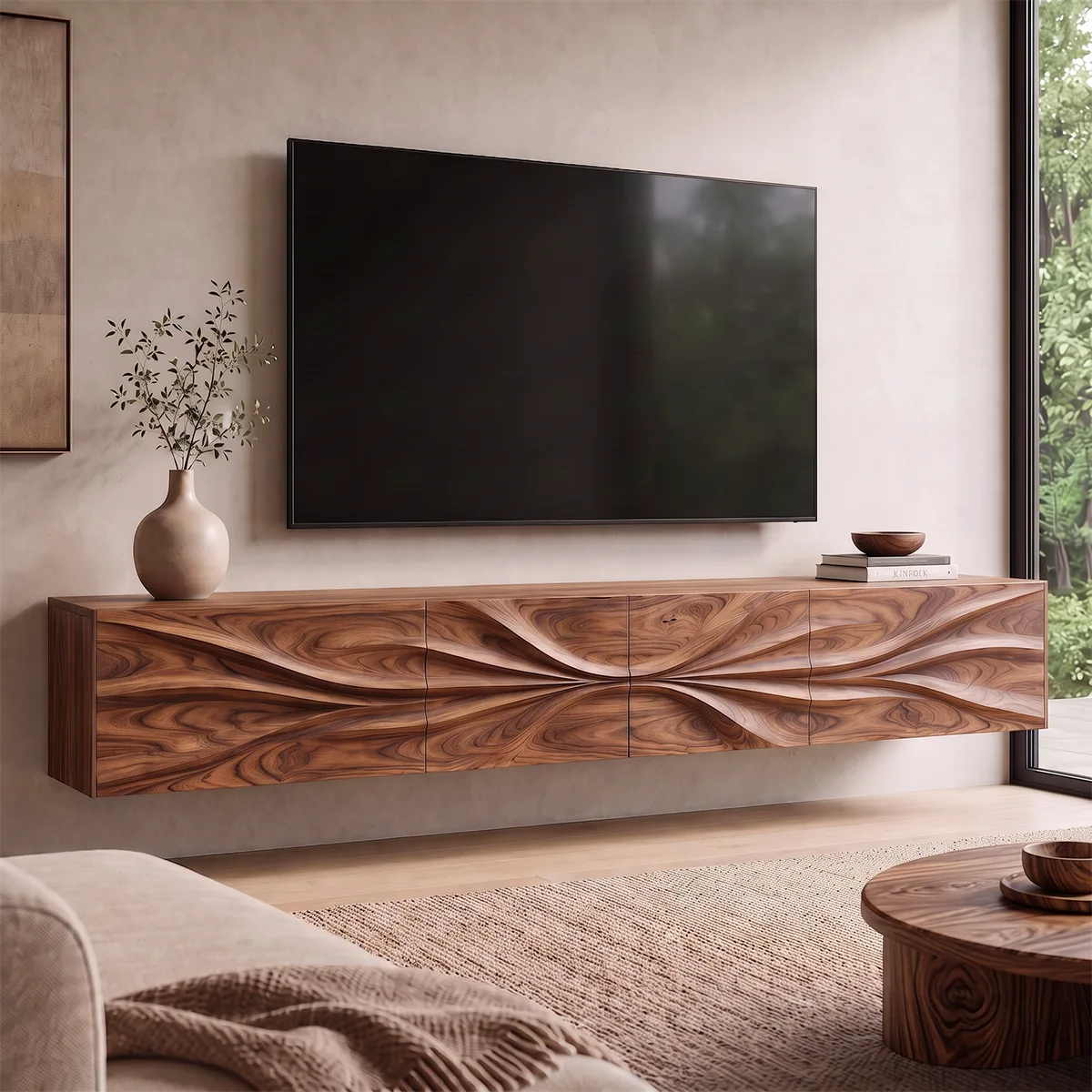 Floating Wood TV Stand with Sculpted Wave Front | Carved Media Console HG021-6VHU4ZT