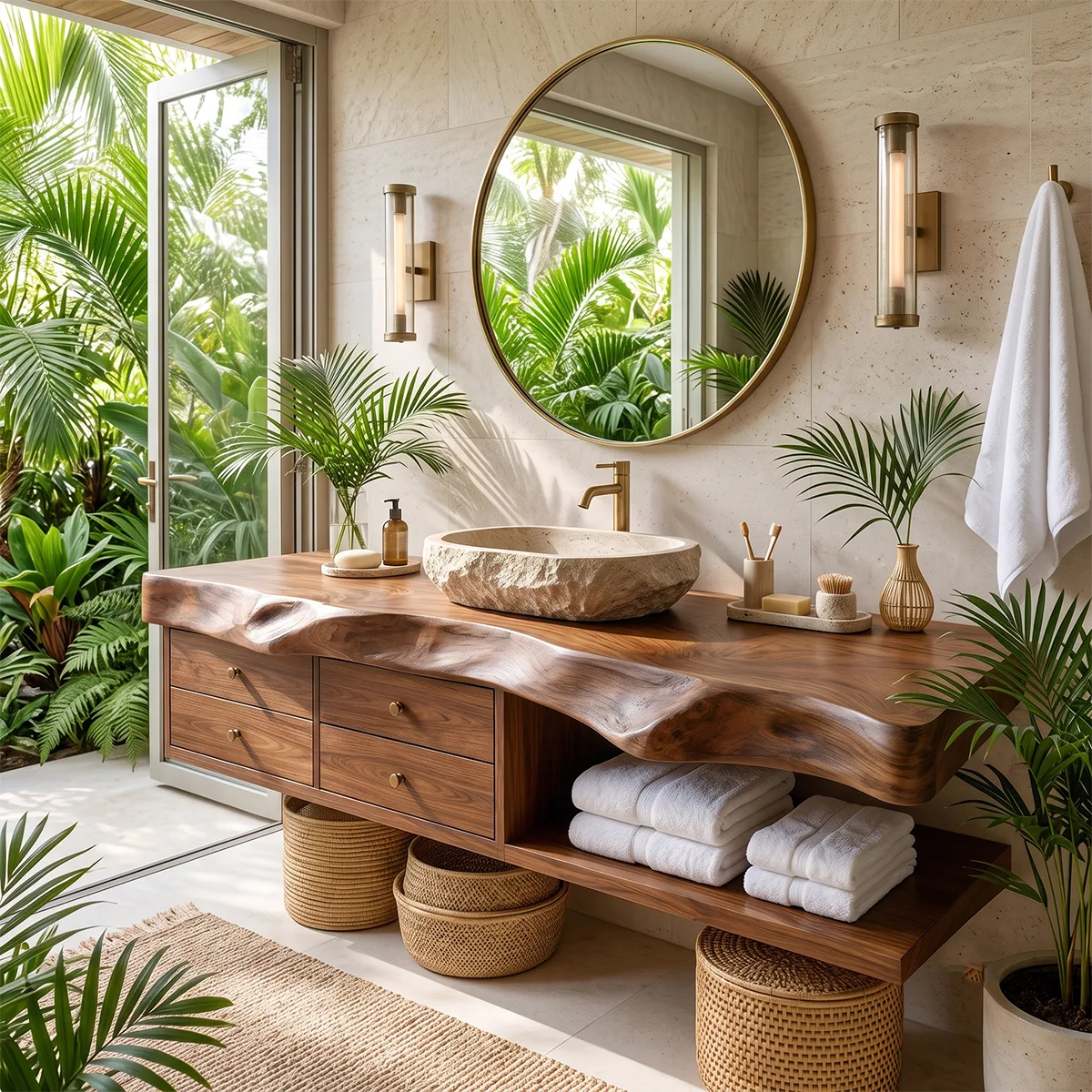 Organic Bathroom Vanity with 4 Drawers & Open Shelf | Freeform Edge Vanity Cabinet TT006-9HXZ1BE