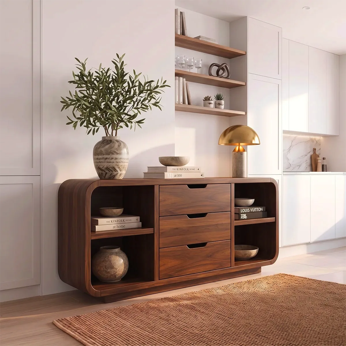 Rounded Sideboard with 3 Drawers and 4 Open Shelves | Modern Storage Cabinet HG021-1MUL6EE
