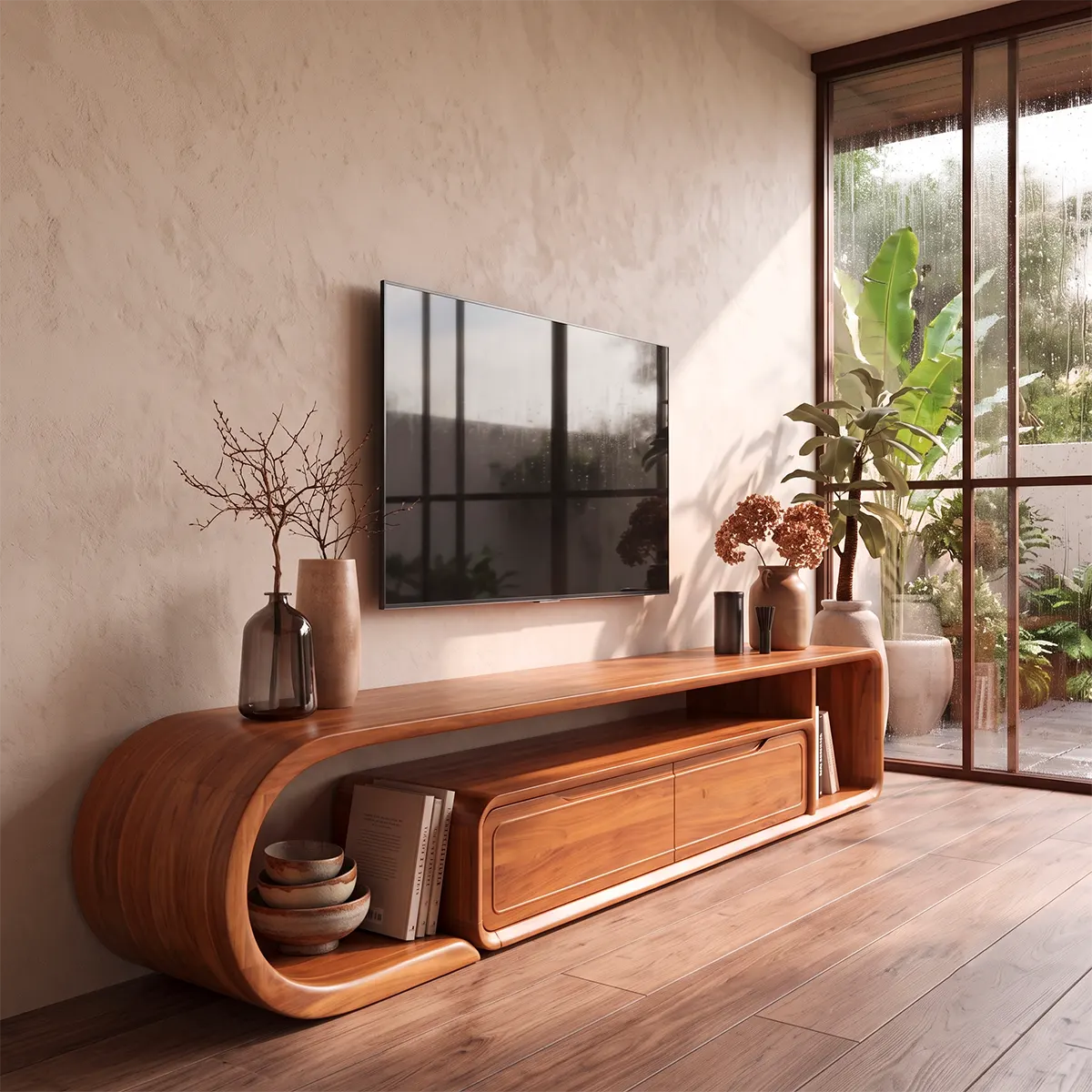 Modern Sculptural TV Stand with 2 Drawers & Open Storage | Curved Low Profile Media Console TT006-8OVX9CA