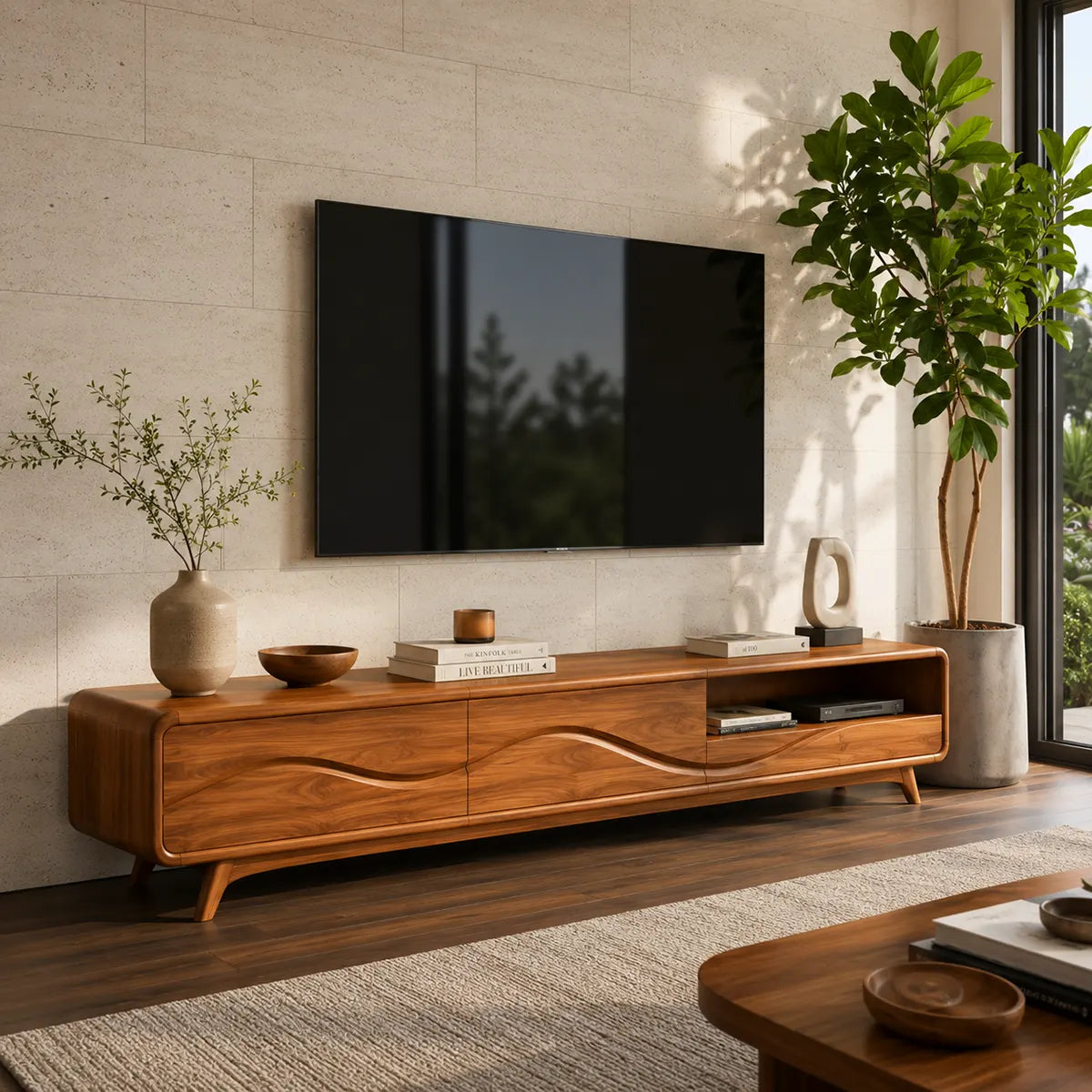 Modern TV Stand with 2 Enclosed Cabinets & Open Storage | Sculpted Wave Media Console TT006-9ORW3JY