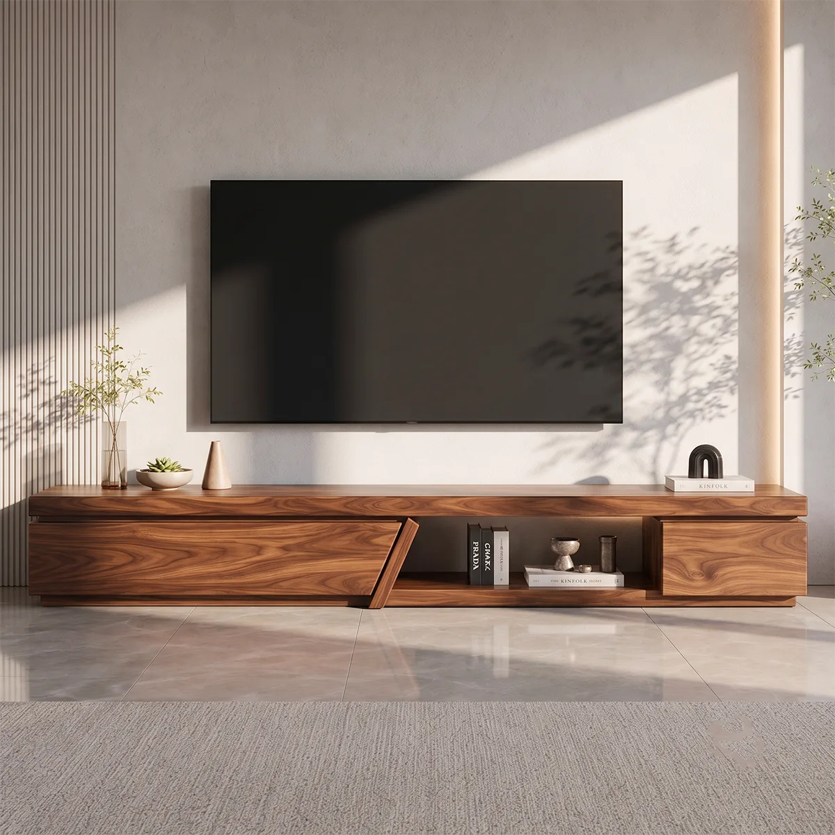 Modern Asymmetrical TV Stand | Contemporary Media Console with Angled Cabinet Doors HG021-2NJV3PU