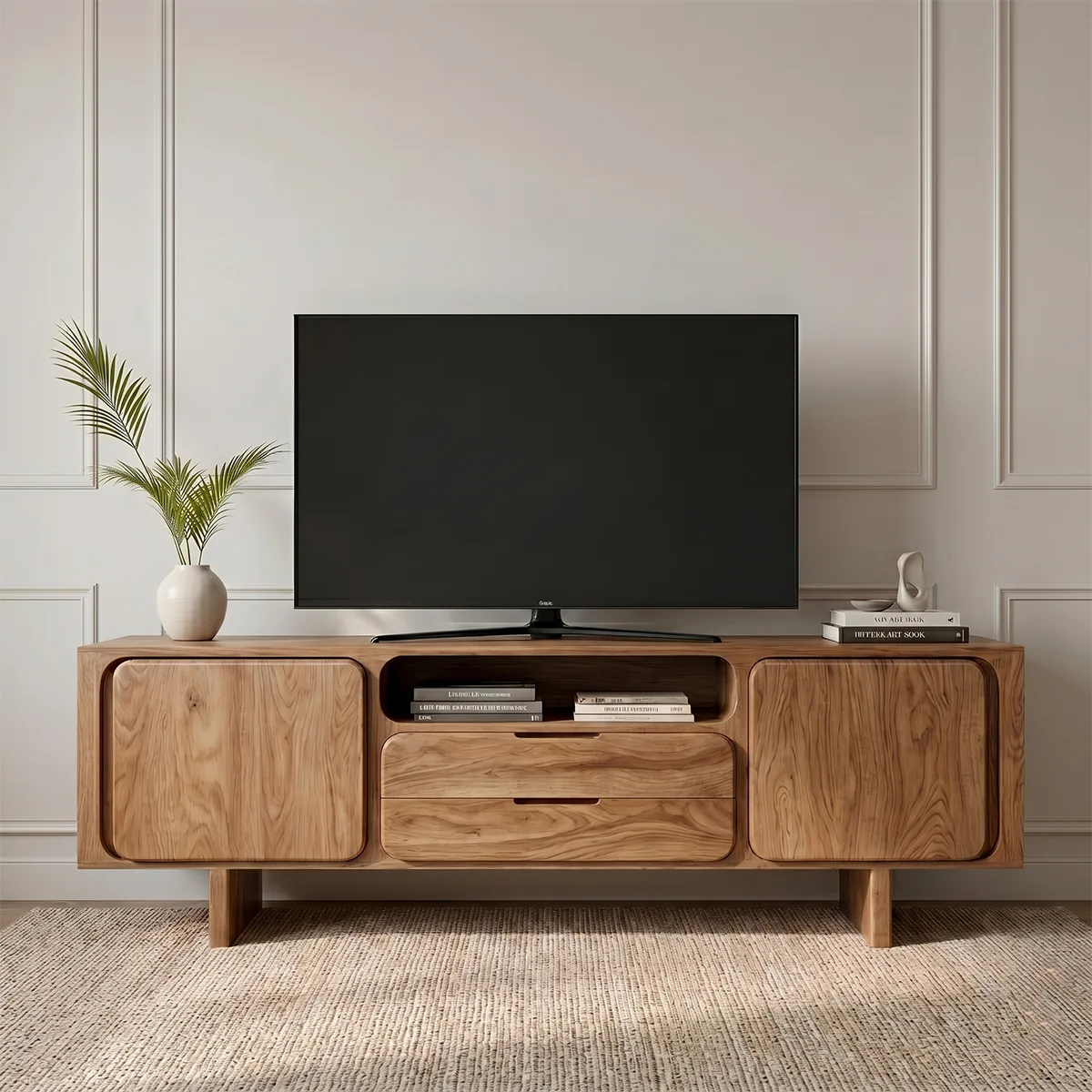Modern Solid Wood Rounded TV Stand with Square Inset Cabinets