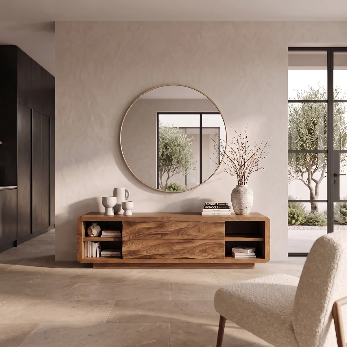 Modern Sideboard with Open Shelves and Concealed Center Storage | Rounded Low Cabinet HG021-9MGF3LT