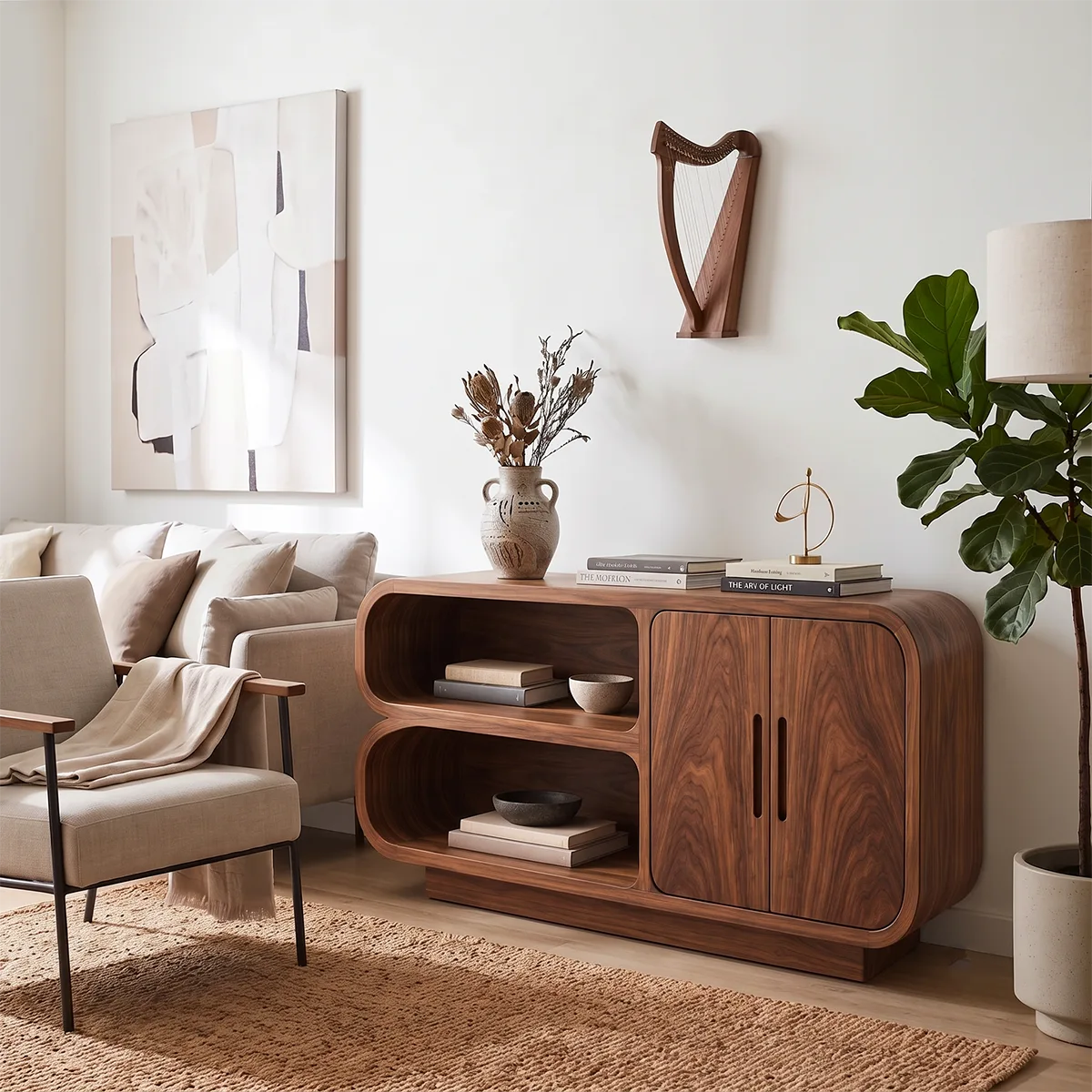 Modern Sideboard with 2 Open Shelves and 2 Cabinet Doors | Rounded Storage Cabinet HG021-6RWO4UC