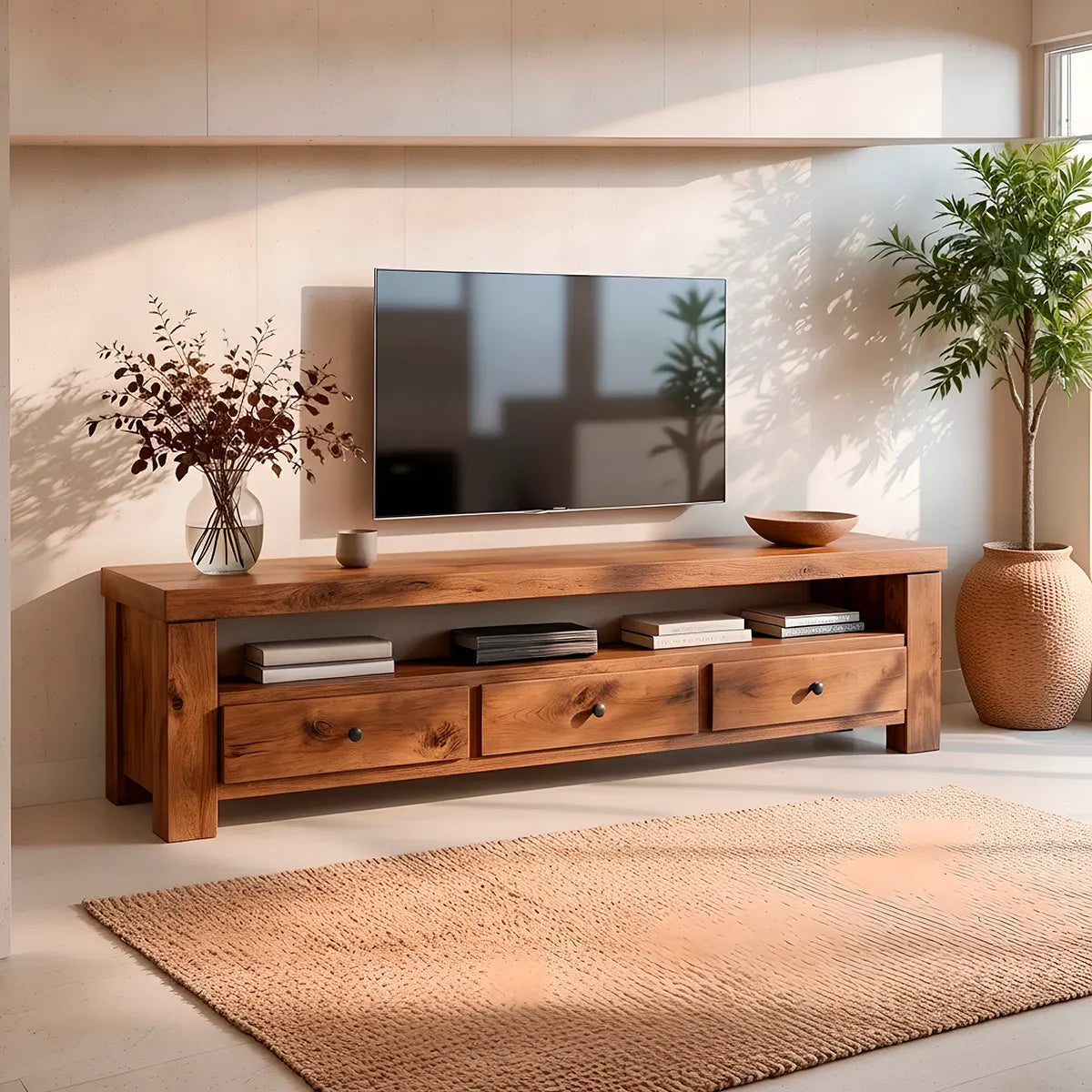 Modern TV Stand with 3 Drawers & Open Media Shelf | Rustic Wood Entertainment Console TT006-5YVS8FX
