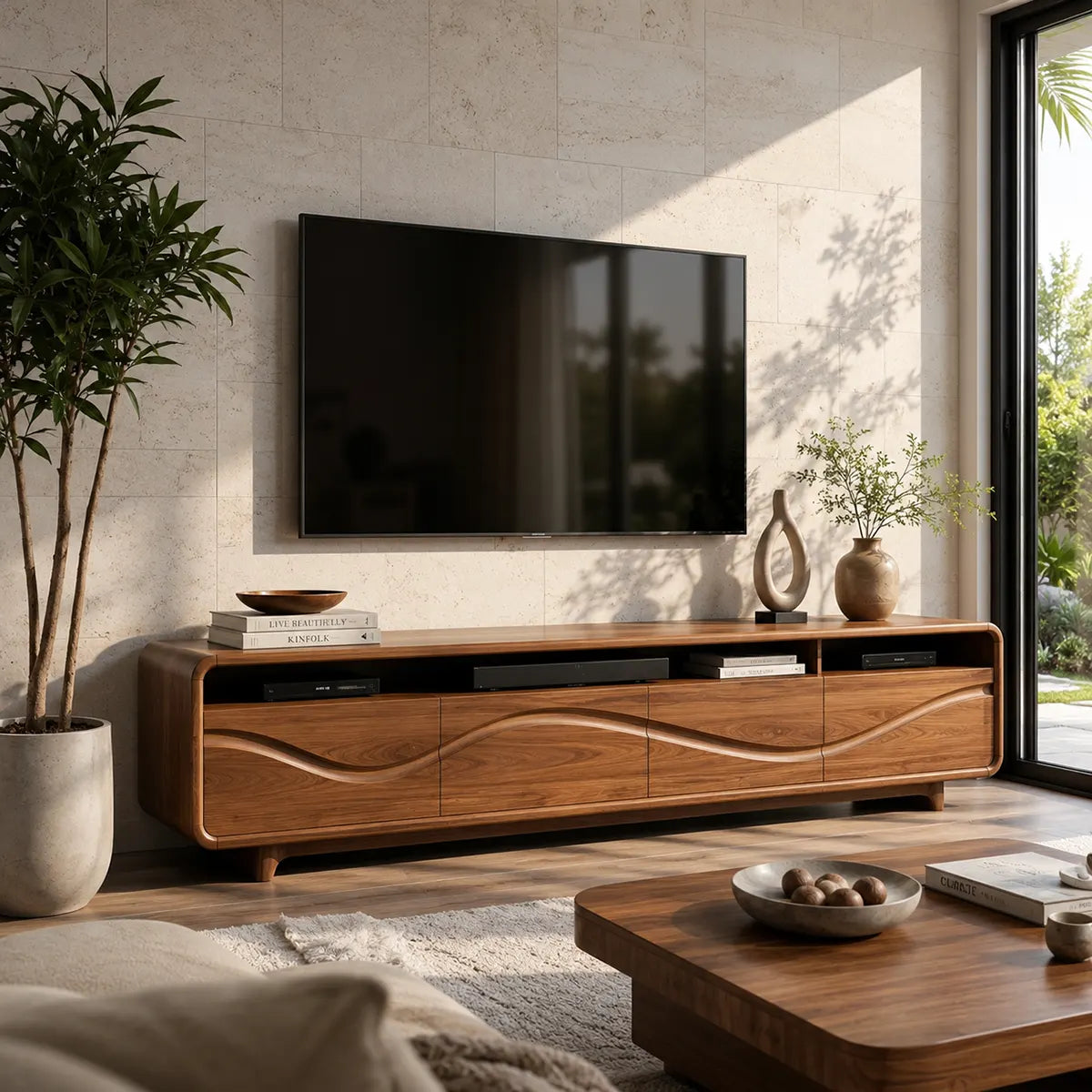Modern TV Stand with 4 Enclosed Storage Compartments & 3 Open Media Shelves TT006-7AFI6IH