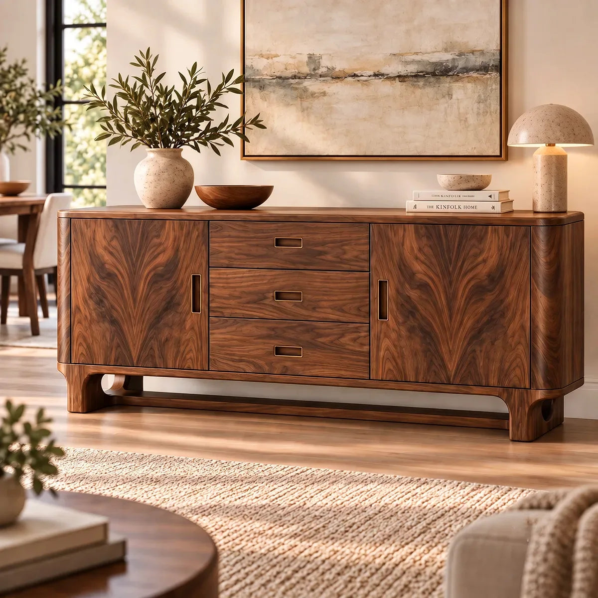 Modern Sideboard with 3 Drawers and 2 Cabinets | Rounded Storage Buffet with Interior Shelves HG021-6UVE8HY