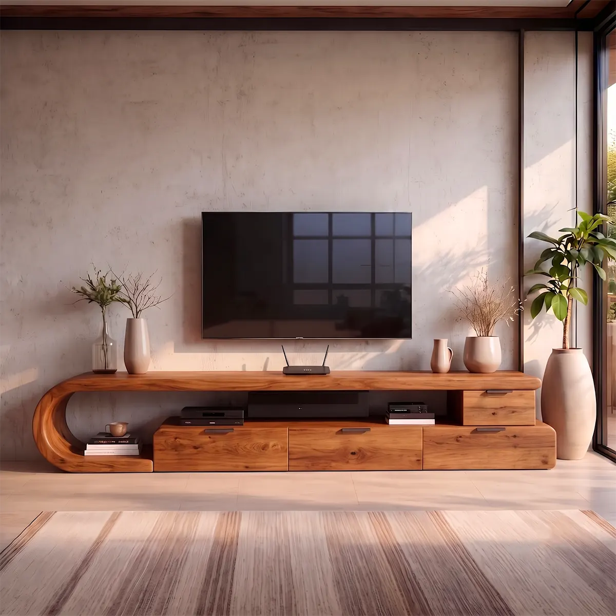 Sculptural Curved TV Stand with 4 Drawers & Open Media Storage | Modern Low Profile Entertainment Console TT006-1HJE1KP