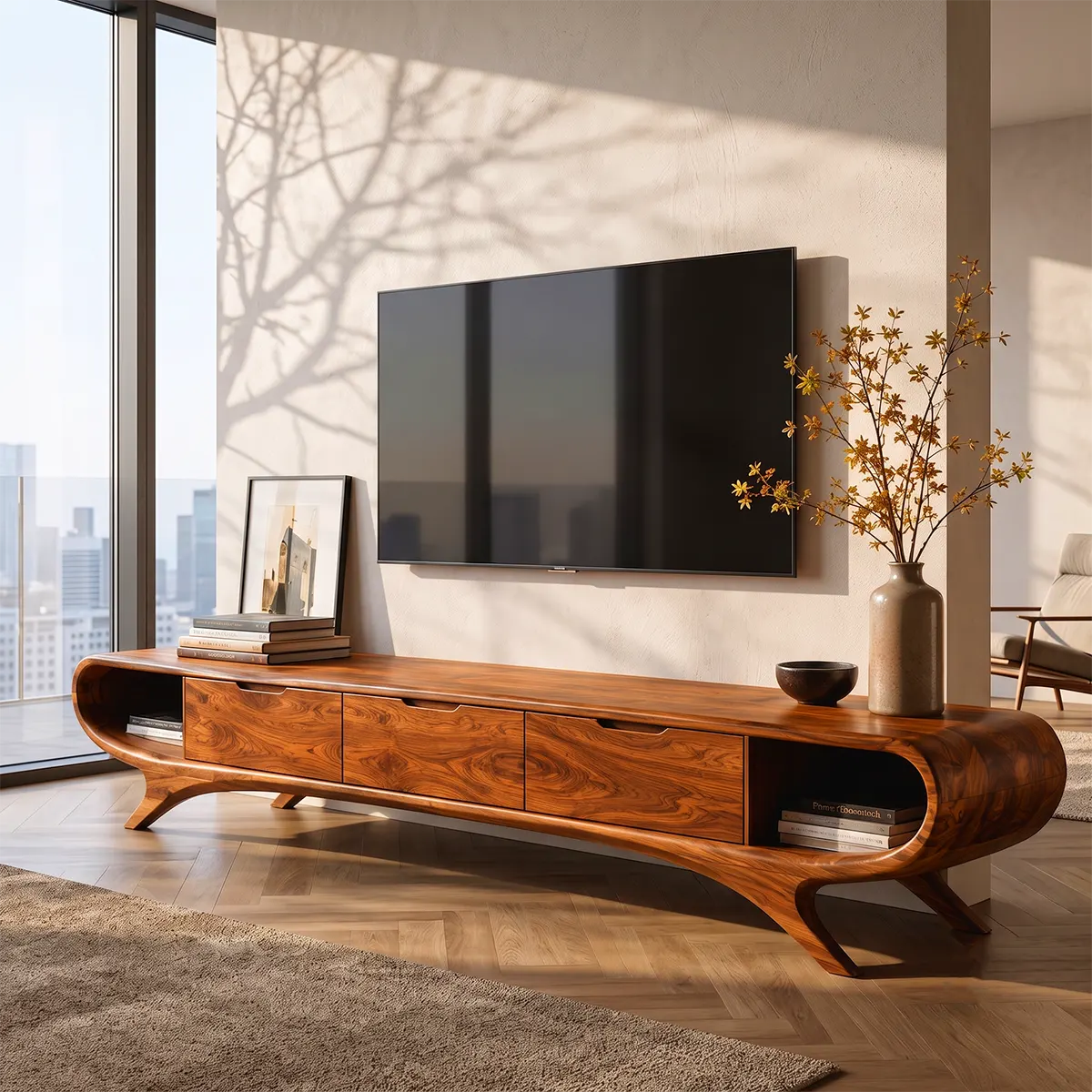 Modern Curved TV Stand with 3 Drawers & 2 Open Side Compartments TT006-3IYZ7XH